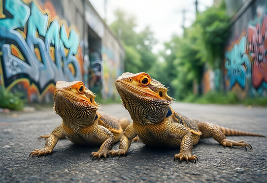 Urban wildlife and street art culture, two bearded dragons on asphalt with colorful graffiti wall background