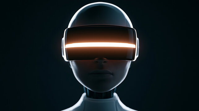 Humanoid AI robot assistant with glowing visor on dark background.