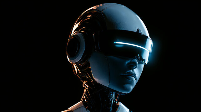Humanoid AI robot assistant with glowing visor on dark background.
