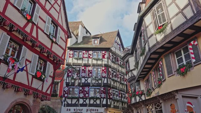 Colmar Old Town Christmas Street with Half-Timbered Houses, Alsace France.Filmed on 17 December 2025