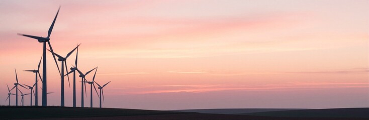 Fototapeta premium Wind turbines stand silhouetted against a soft pastel sunset sky in a rural field. The farm generates clean energy at twilight, with rotors slowly turning and blades visible against the horizon.
