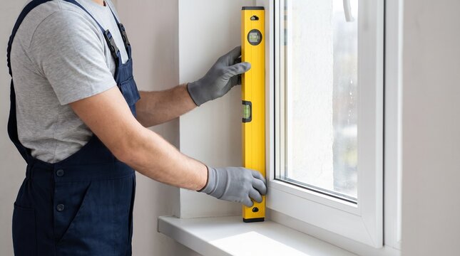 Man builder checking window level with bubble level tool, precise construction measurement, home quality control.