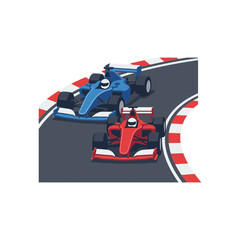 Fototapeta premium Two Formula 1 Race Cars Competing on a Track, Blue and Red Open-Wheel Sports Cars in Motion, Motorsport Competition, Speed and Victory