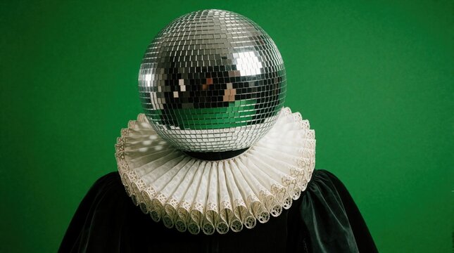 Person with disco ball head wears ruffled collar and velvet robe against green background. Creative studio portrait merges retro disco era with historical costume elements.