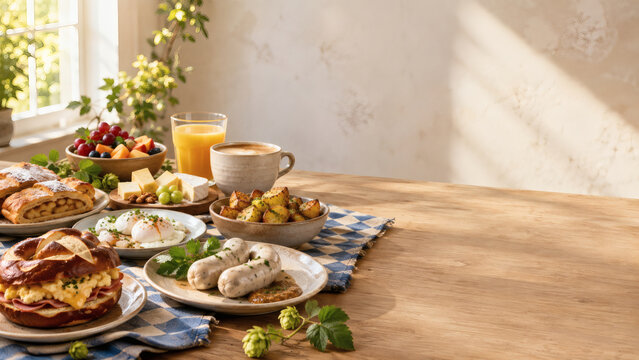 Bavarian Oktoberfest breakfast spread with white sausage and copy space