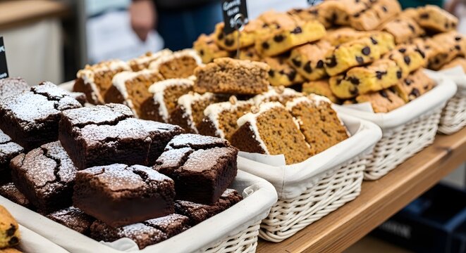 Delicious baked goods displayed in baskets at a bustling market stall