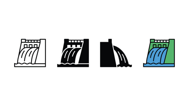 Set of water dam icons showing hydroelectric power plant structures and spillway design