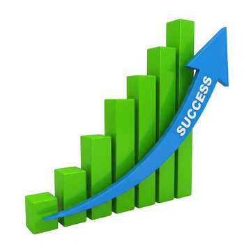 Growth chart with upward trending arrow and success text isolated on transparent background