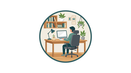 Fototapeta premium Man working on laptop at home office desk with plants.