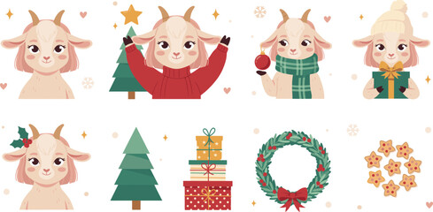 Fototapeta premium Cute Christmas Goat Character Vector Set with Festive Holiday Elements Including Gift Boxes, Winter Scarf, Beanie, Xmas Tree, Wreath, and Star Cookies