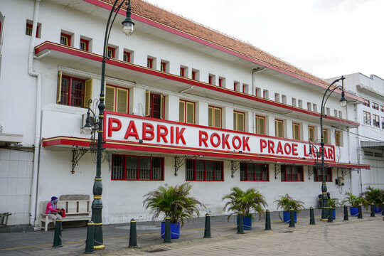 Historic colonial Pabrik Rokok Praoe Lajar cigarette factory building located in Kota Lama old town area of Semarang city, Central Java, Indonesia, featuring classic Dutch architectural design.