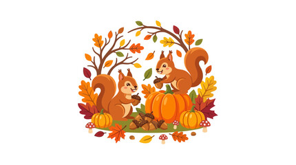 Fototapeta premium Two adorable squirrels surrounded by autumn leaves and pumpkins.