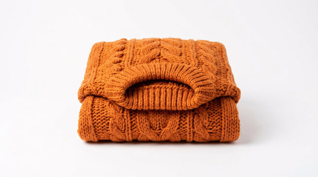 Orange knitted pullover is folded neatly against a plain white background.