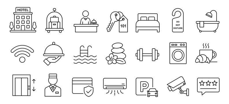 Hotel Hospitality Icon Set Featuring Accommodation Services, Room Amenities, Booking Facilities, Guest Services and Editable Stroke Vector Illustration.