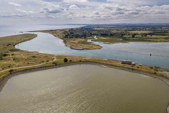 Aerial view of the Boyne estuary and a reservoir in Baltray, County Louth, Ireland.