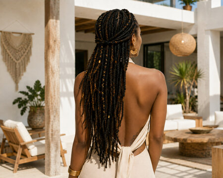 Rear view of a stylish black woman with long faux locs and golden accessories wearing a backless beige dress in a chic rustic outdoor resort setting