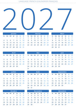 French calendar 2027 France francais calendrier vector printable illustration template design