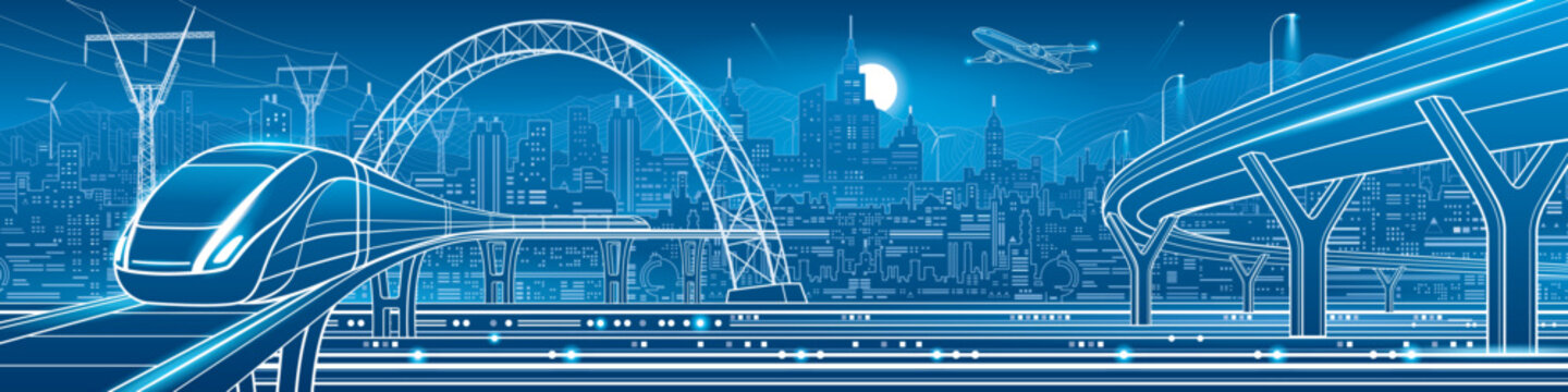 Futuristic high speed train traveling through a modern smart city with elevated transportation infrastructure, highway, bridge, power lines, airplane and urban skyline. Blue technology panorama illust