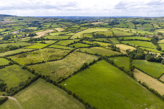 Aerial view of the lush green rolling hills and patchwork fields of the Irish countryside in Cavan, County Cavan, Ireland.