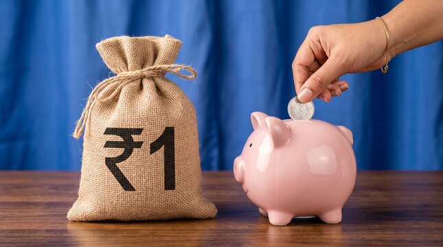 Indian Rupee savings concept with burlap money bag and pink piggy bank, hand putting coin in bank for financial growth