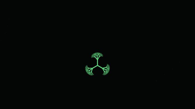 Green fractal tree structure expanding symmetrically on black background