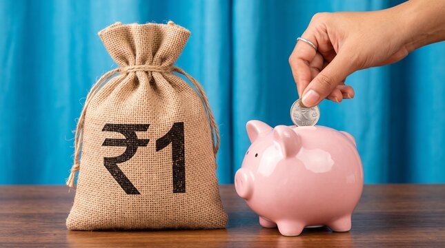 Indian Rupee money bag with pink piggy bank, person putting coin in savings jar, financial investment and wealth growth concept