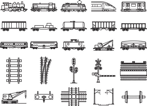 A collection of stylized black and white illustrations depicting various train and railway elements, including engines, carriages, tracks, and signals, presented in a clear and organized grid format.