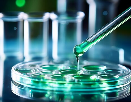 close up of a pipette releasing a vibrant green droplet into wells of a clear microplate with blurred test tubes and glowing bokeh conveying meticulous scientific precision