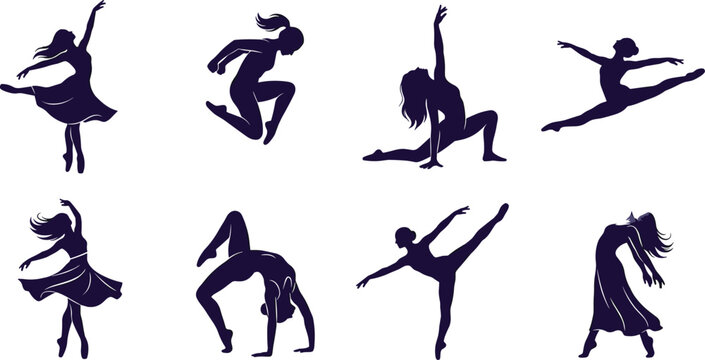 Silhouette Set of Dancers and Gymnasts in Elegant and Dynamic Movement Poses