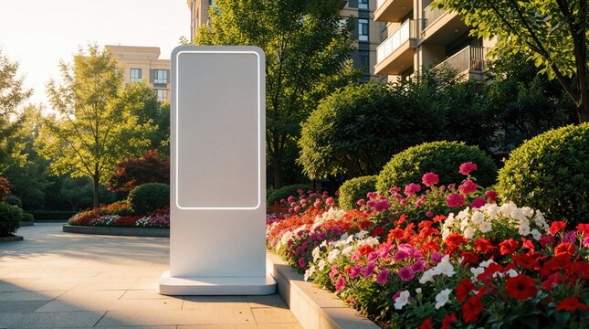 Empty digital display stand sits near vibrant flowerbed. Modern signage in green courtyard. Sunny outdoor urban space with building background. Info kiosk setup.