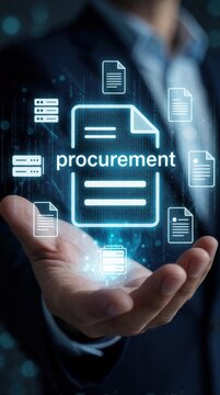 Businessman hands hold glowing holographic procurement icon with digital documents, database symbols. Virtual interface shows paper files, server data in blue light. Corporate pro manages supply