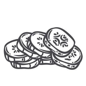 Cucumber slices stacked in a hand drawn outline composition with textured centers. Food, recipe and preserving graphics use cucumber in monochrome linear style, vector illustration.