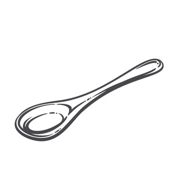 Wooden spoon in a hand drawn outline style, isolated kitchen utensil with simple linear details. Monochrome doodle illustration for cooking, recipe, kitchen and food design projects.