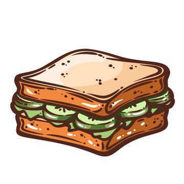Cucumber sandwich in hand drawn style. Menu, cafe and lunch designs use this cucumber sandwich for food service and recipe graphics, vector illustration.