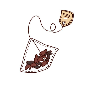 Herbal tea bag with dried leaves, stitched sachet and paper tag. Tea packaging, wellness and drink designs feature a herbal tea bag, cartoon vector illustration.