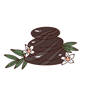 Hot stones stacked with glossy dark surfaces, green leaves and white flowers. Spa, massage and wellness designs feature hot stones, cartoon vector illustration.