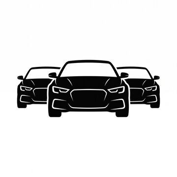 Minimalist black silhouette illustration of three modern cars arranged in a layered composition on a clean white background. Simple automotive icon representing transportation, car rental, vehicle fle
