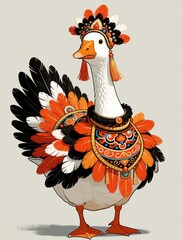 Fototapeta premium Festive goose wears ornate costume with bright feathers and headdress. This bird displays creativity and joy in a colorful parade outfit, ready for a whimsical celebration and animal art.