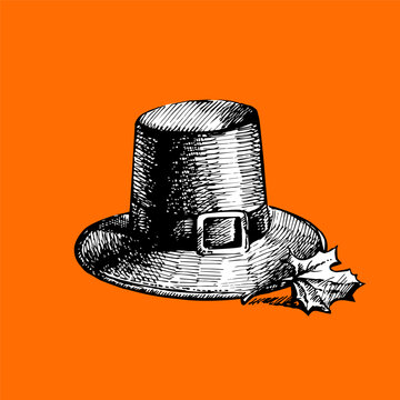 Thanksgiving Day retro sketch of hat. Traditional holiday greeting design. Hand drawn vintage isolated illustration