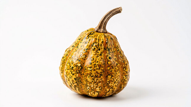 Gourd with a bumpy yellow and green texture stands upright against a white background.