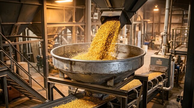 Industrial Plant Processes Golden Grain Pellets Pouring into Large Metal Funnel for Processing and Packaging