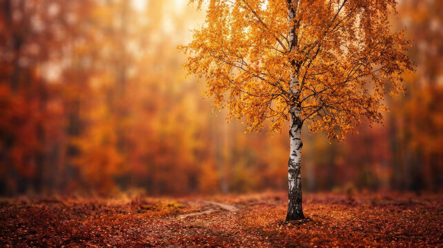 Golden Birch Tree in Autumn Forest with Fallen Leaves and Soft Bokeh