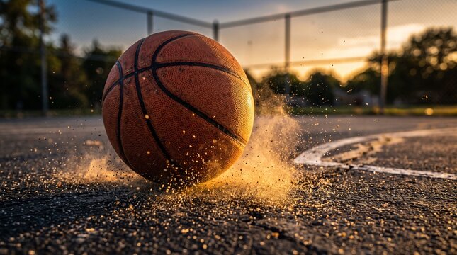 Action shot of a basketball bouncing on an outdoor asphalt court during golden hour with dust particles flying, capturing urban sports energy