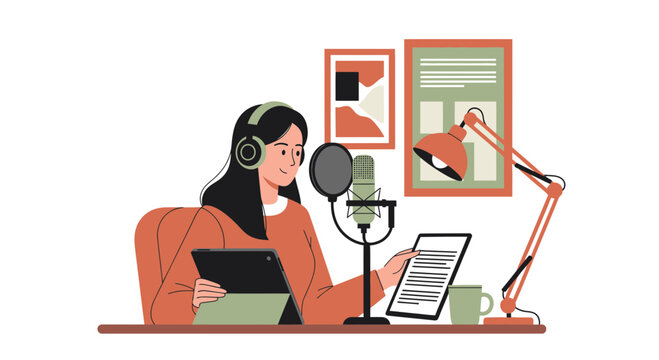Woman Podcaster Recording Audio Podcast or Voiceover in Home Studio with Microphone and Headphones, Flat Vector Illustration for Digital Media Content Creation