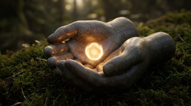 Mystical stone hands cradling a glowing orb of light amidst a dark mossy forest floor background