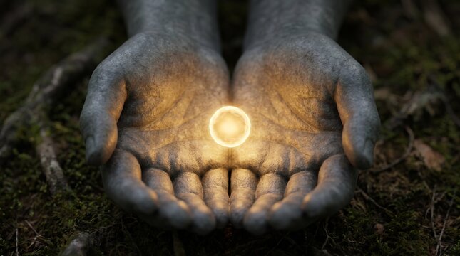 Mystical glowing orb held carefully in weathered stone hands symbolizing magic and hope in a dark forest