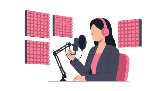 Professional Female Content Creator Recording a Podcast in a Studio with Microphone and Headphones - Modern Flat Vector Illustration for Digital Media and Broadcasting