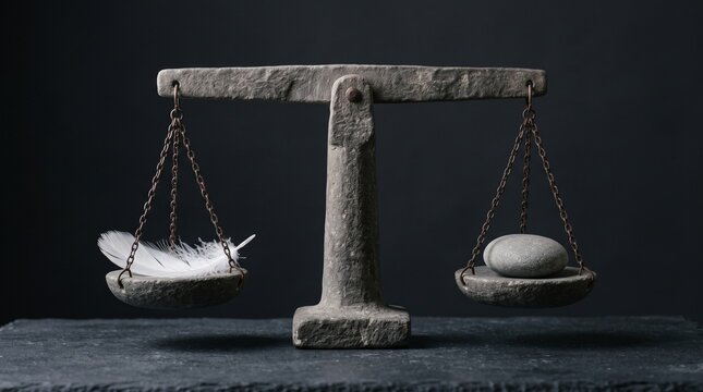 A rustic balance scale achieving perfect equilibrium between a delicate white feather and a heavy grey stone, symbolizing fairness, paradox, and the surprising nature of balance