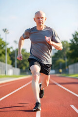 Obraz premium Healthy aging and active lifestyle, middle-aged man running on a track for fitness and wellness, outdoor exercise