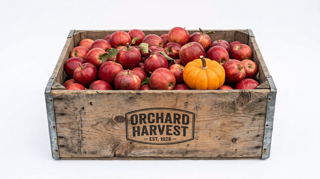 Wooden crate overflowing with red apples and a single yellow squash rests on a white background.